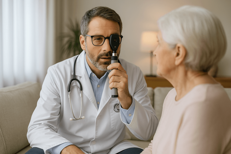 Médico realizando consulta oftalmológica domiciliar