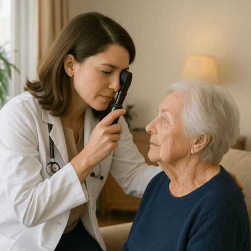 Médica realizando consulta oftalmológica domiciliar com paciente idosa