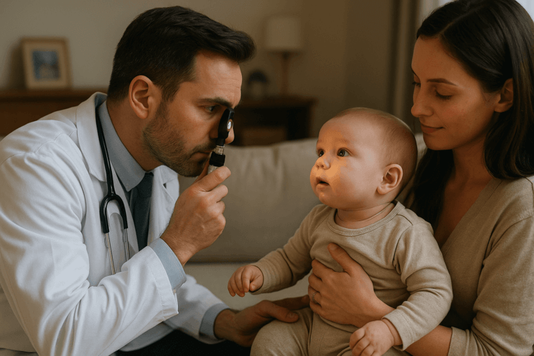 Médico realizando teste do olhinho em bebê no domicílio